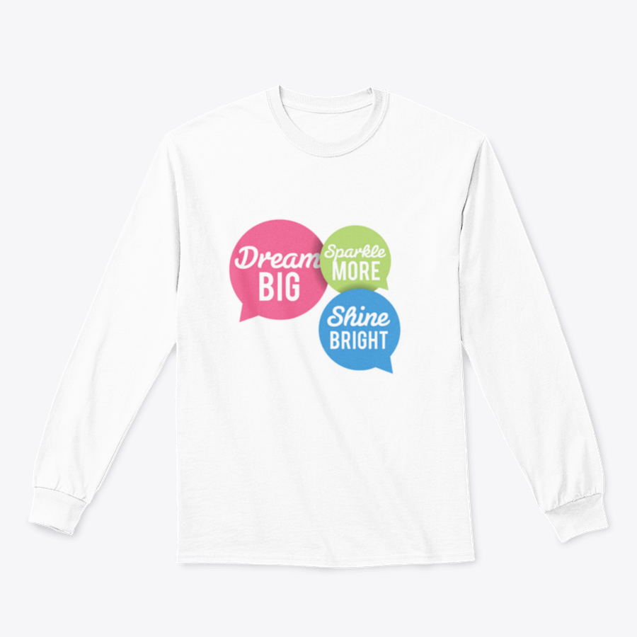 A stylish t-shirt featuring a motivational Dream Big quote in colorful speech bubbles, made from a soft cotton/polyester blend.