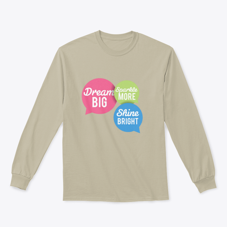 A stylish t-shirt featuring a motivational Dream Big quote in colorful speech bubbles, made from a soft cotton/polyester blend.