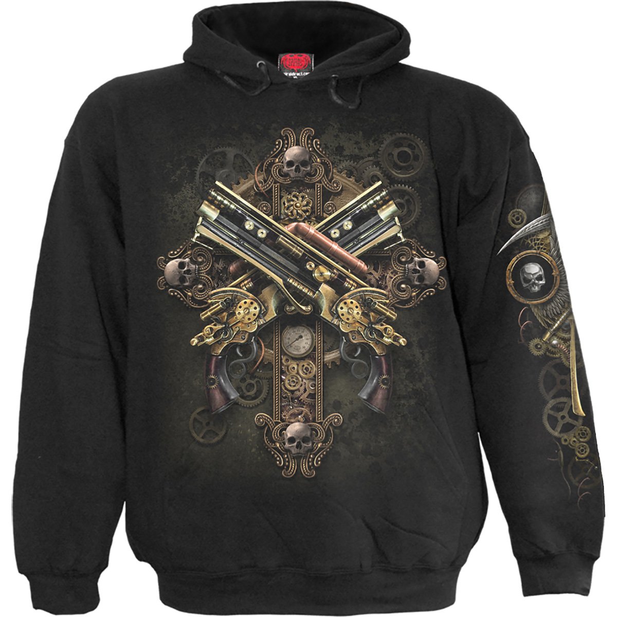 Black hoody featuring a steampunk skeleton design with a Reaper atop skulls, made from 100% cotton fleece.