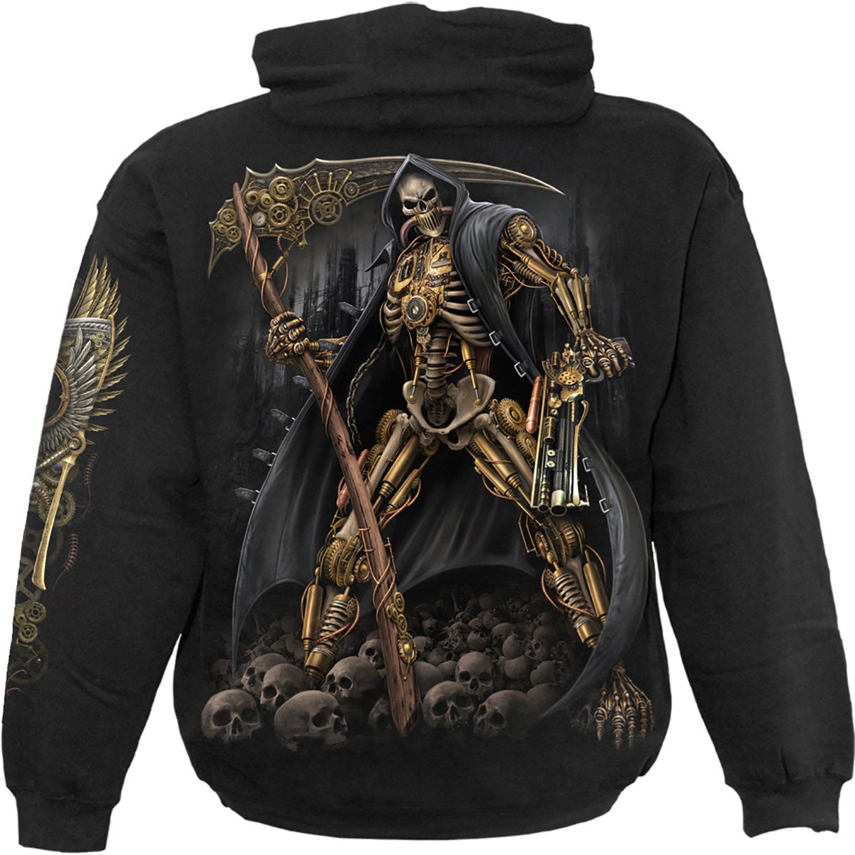 Black hoody featuring a steampunk skeleton design with a Reaper atop skulls, made from 100% cotton fleece.