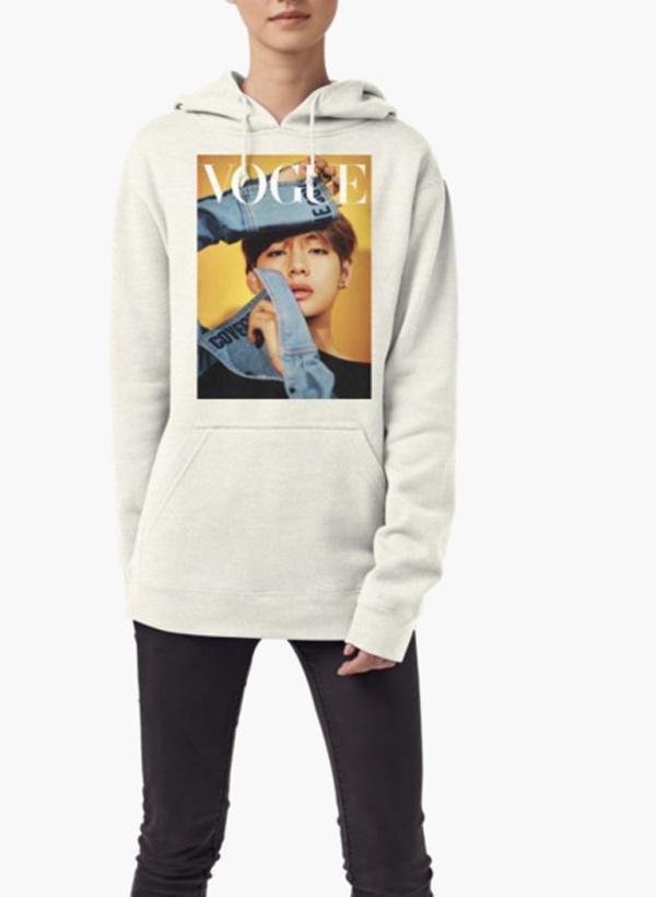 Gray Taehyung Vogue Women Hoodie featuring unique full print designs, showcasing galaxy, marijuana, emoji, and nebula patterns.