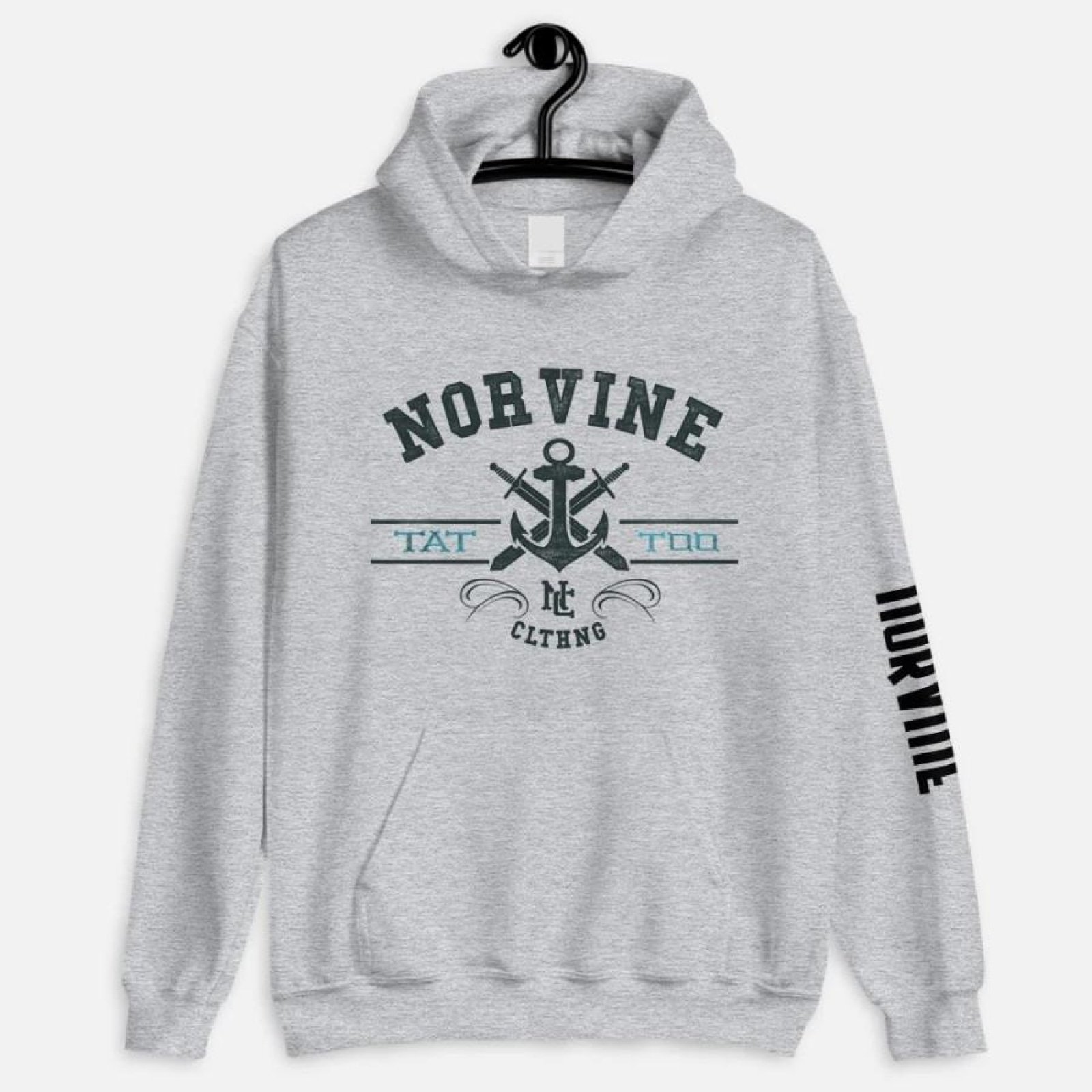 Tattoo Anchor Hoodie featuring Norvine logo, eco-friendly design, and double layer hood, perfect for modern style and comfort.