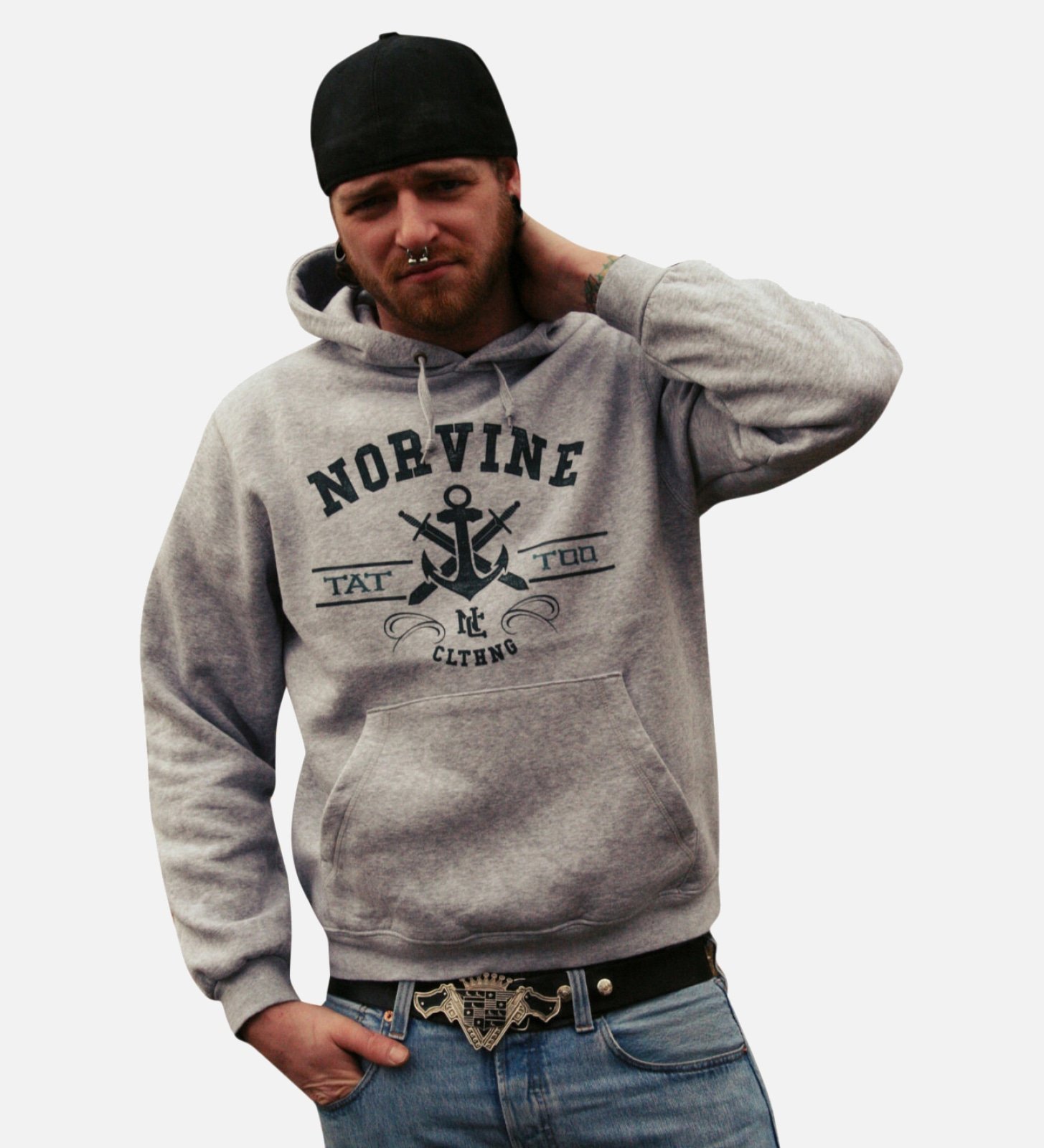 Tattoo Anchor Hoodie featuring Norvine logo, eco-friendly design, and double layer hood, perfect for modern style and comfort.