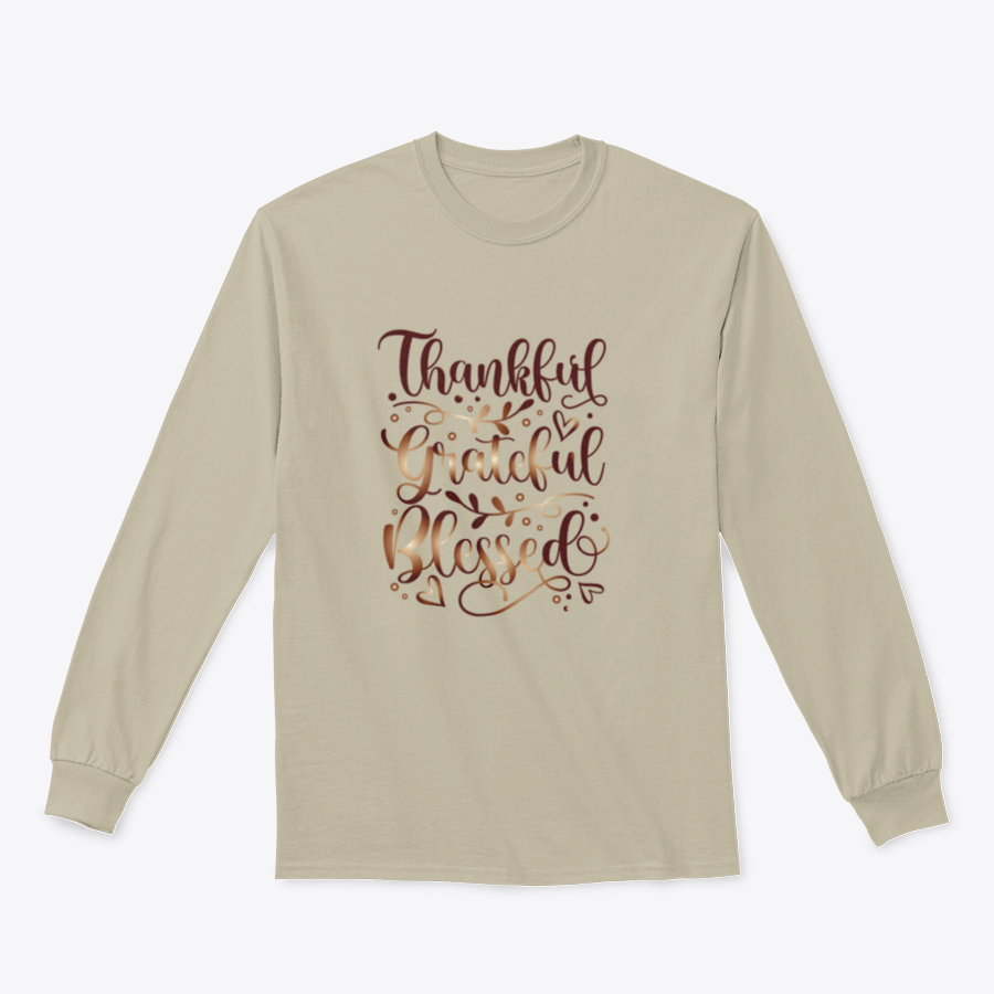 A stylish t-shirt featuring the inspirational quote 'Thankful Grateful Blessed' in a motivational design, perfect for casual wear.