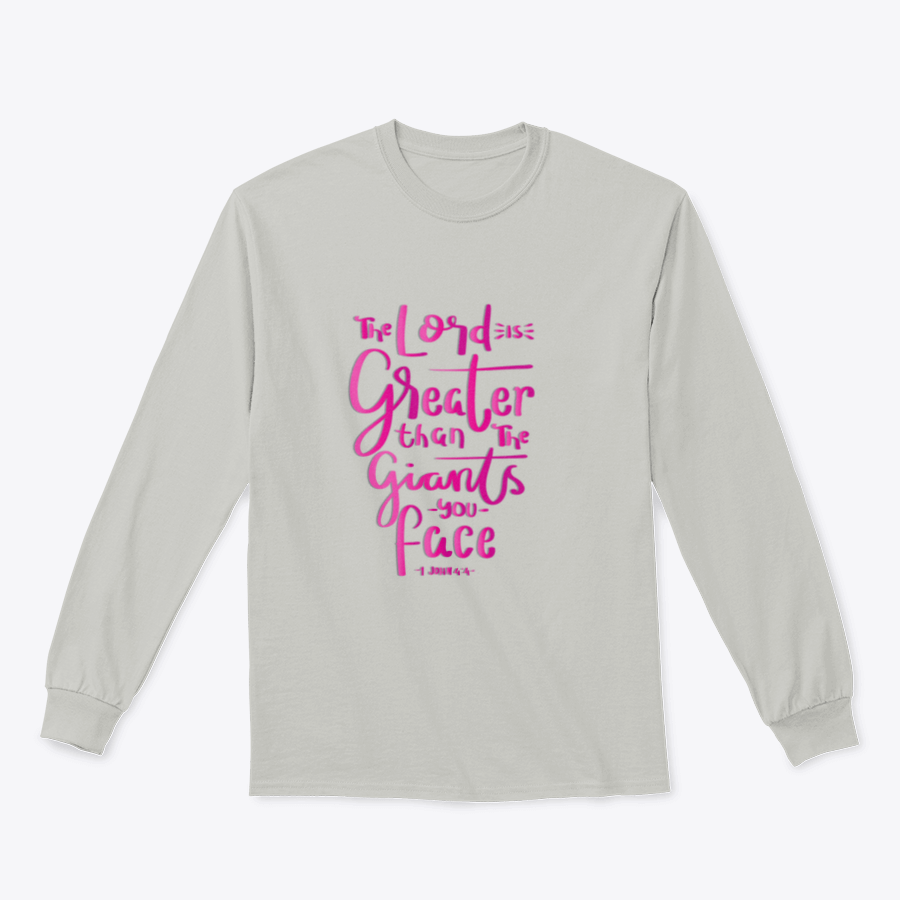 Gray long-sleeve shirt with text.