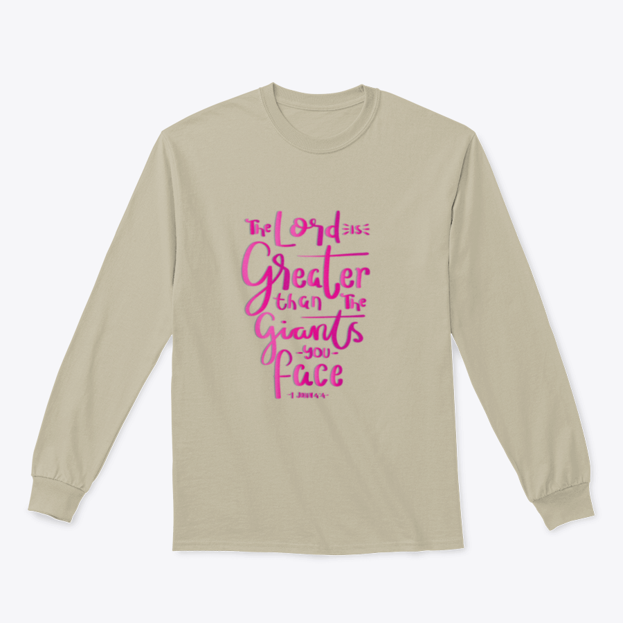 Tan long-sleeve shirt with text.