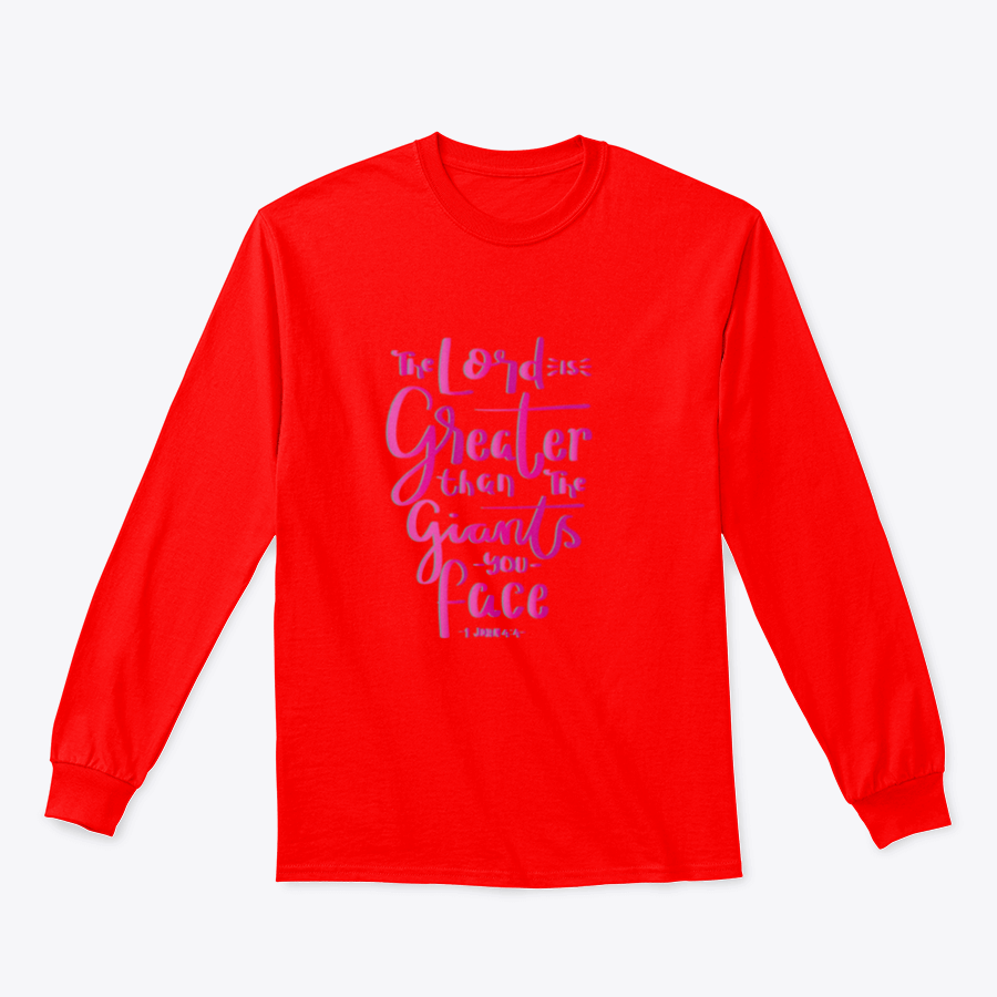 Red long-sleeve shirt with quote.