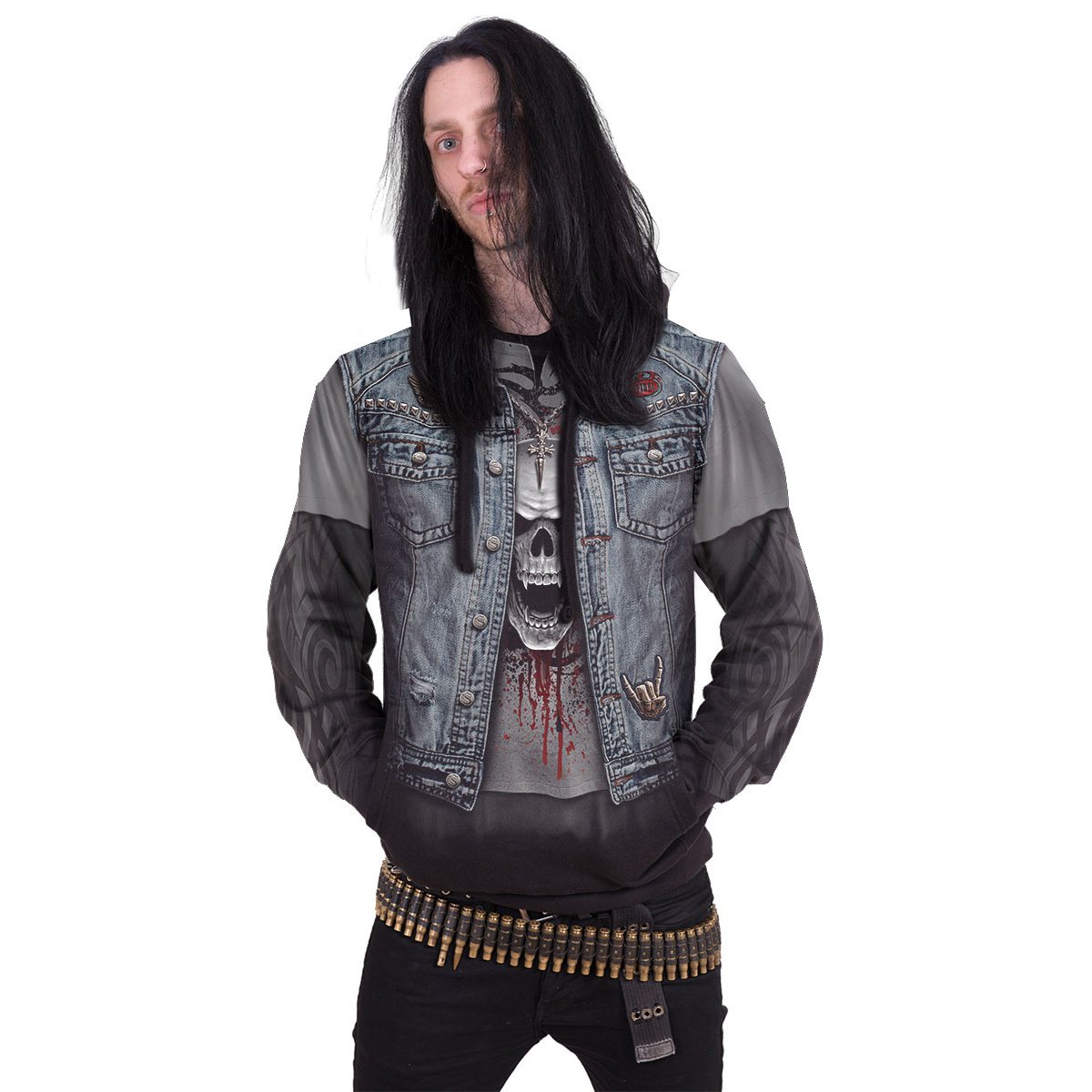 THRASH METAL Allover Hoody Black featuring patches and studs, designed in a mock-denim style, made from 100% cotton fleece.