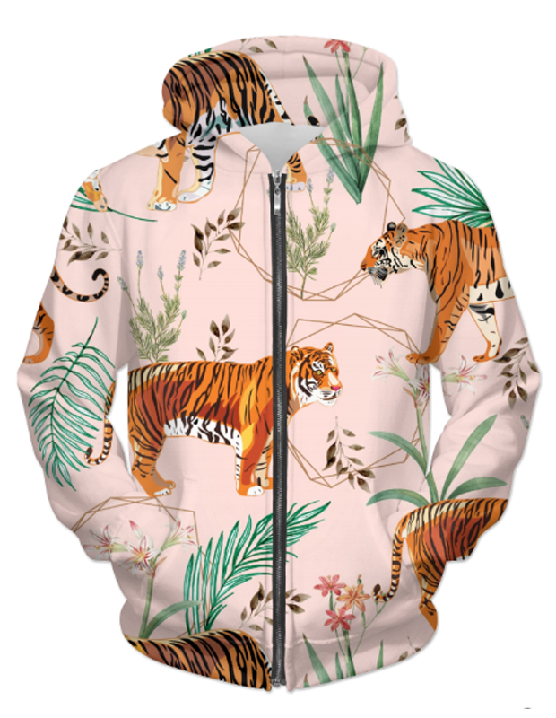 Tropical & Tiger Unisex Zip Hoodie featuring vibrant prints and a soft texture, ideal for casual wear.