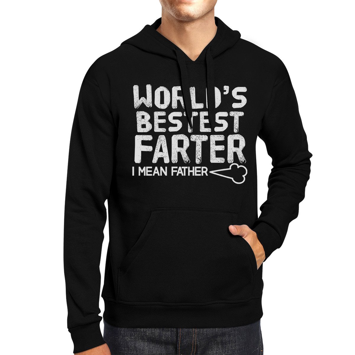 A black unisex hoodie featuring the humorous text 'World's Bestest Farter', perfect for Father's Day gifts.