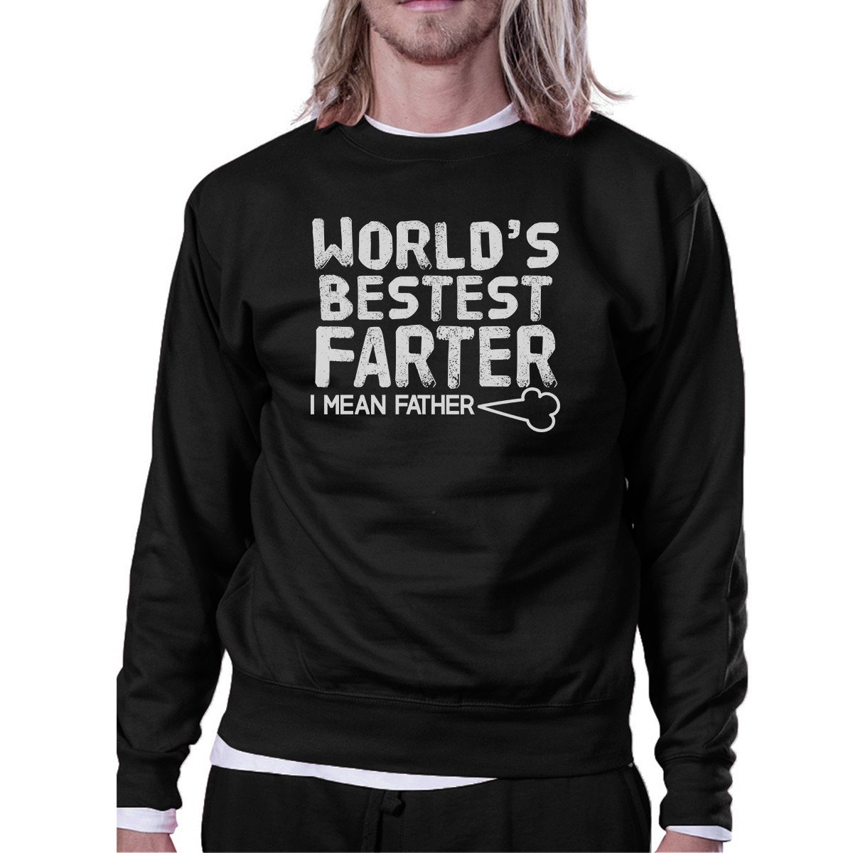 A black unisex sweatshirt featuring the phrase 'World's Bestest Farter' in a fun design, perfect for Father's Day gifts.