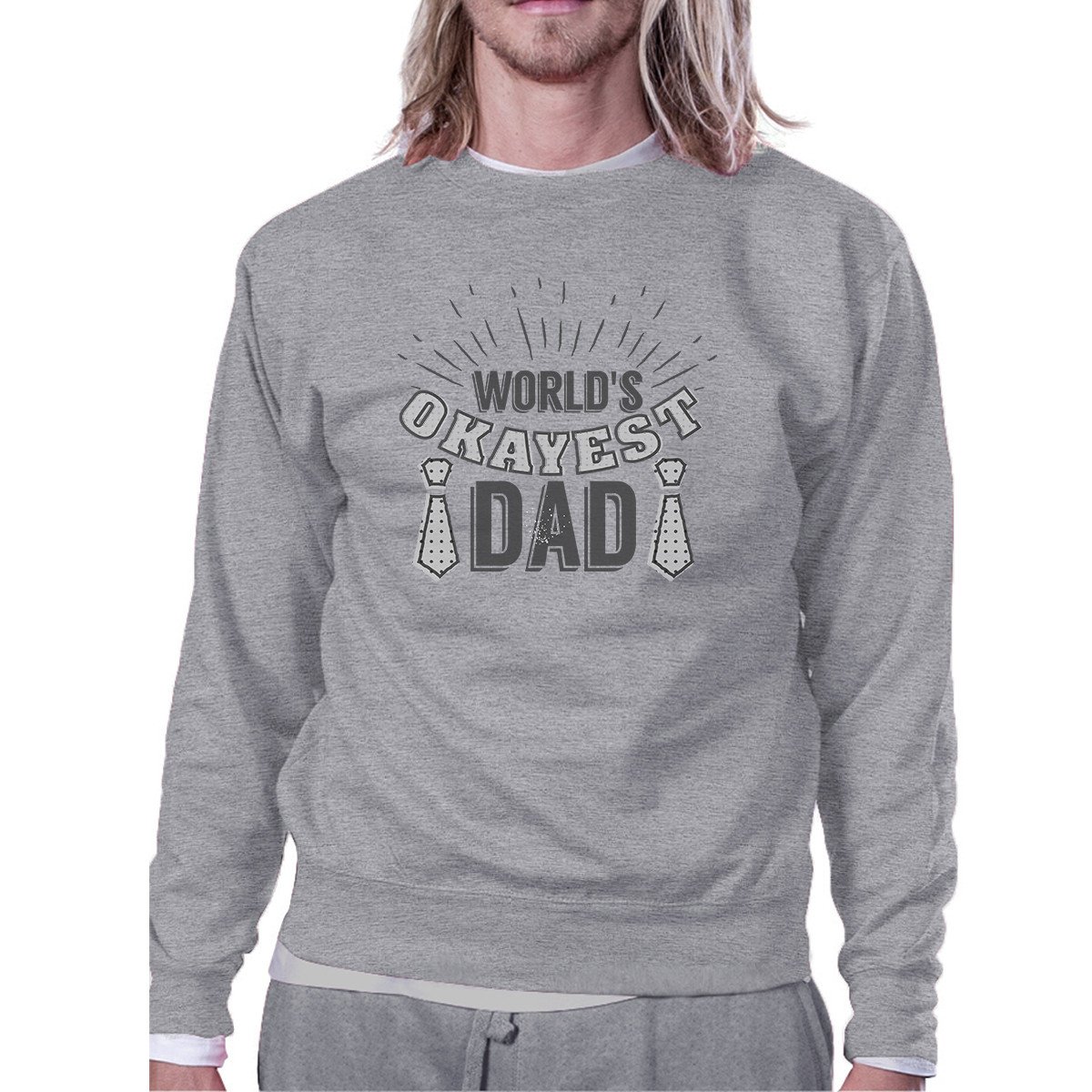 A grey vintage style sweatshirt with the text 'World's Okayest Dad' printed on it, showcasing a comfortable and humorous design for fathers.