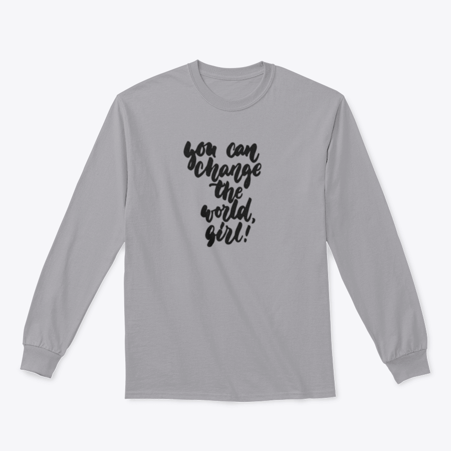 A stylish t-shirt featuring hand-drawn lettering that reads 'You Can Change The World, Girl', made from soft cotton fabric.