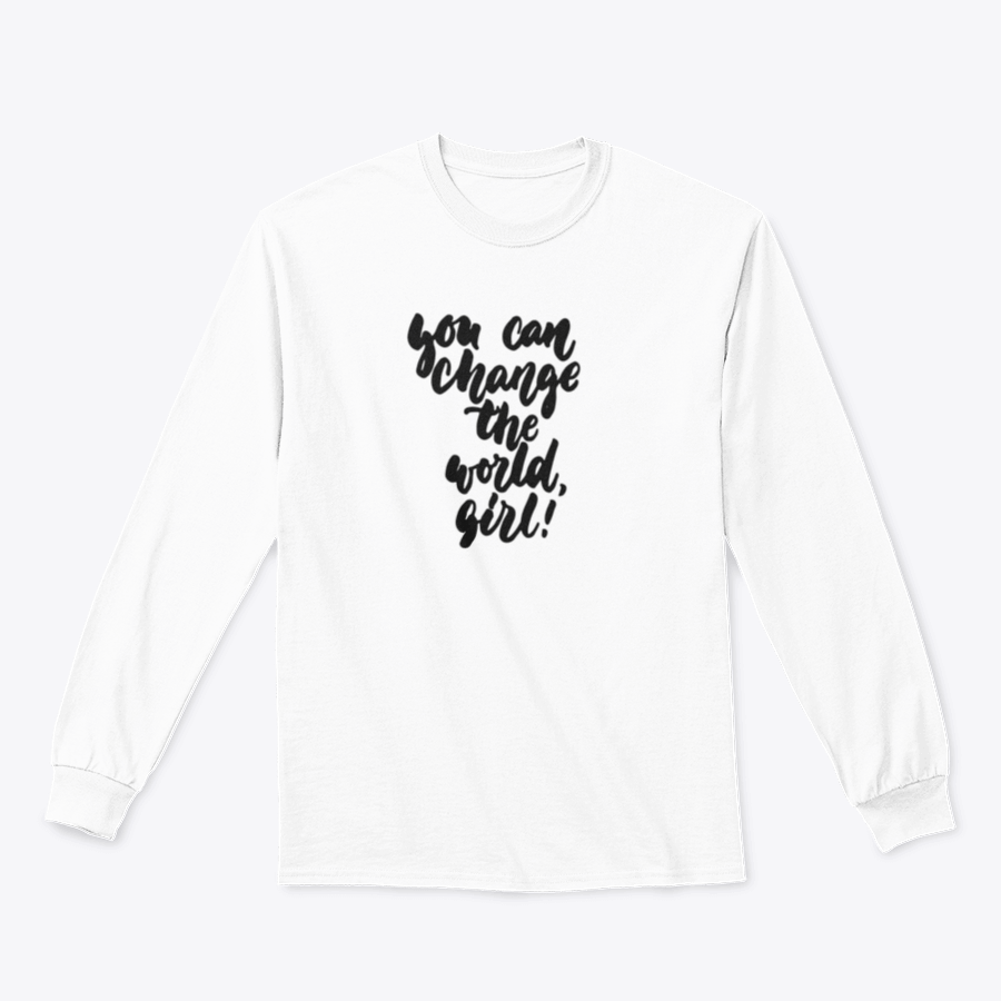 A stylish t-shirt featuring hand-drawn lettering that reads 'You Can Change The World, Girl', made from soft cotton fabric.