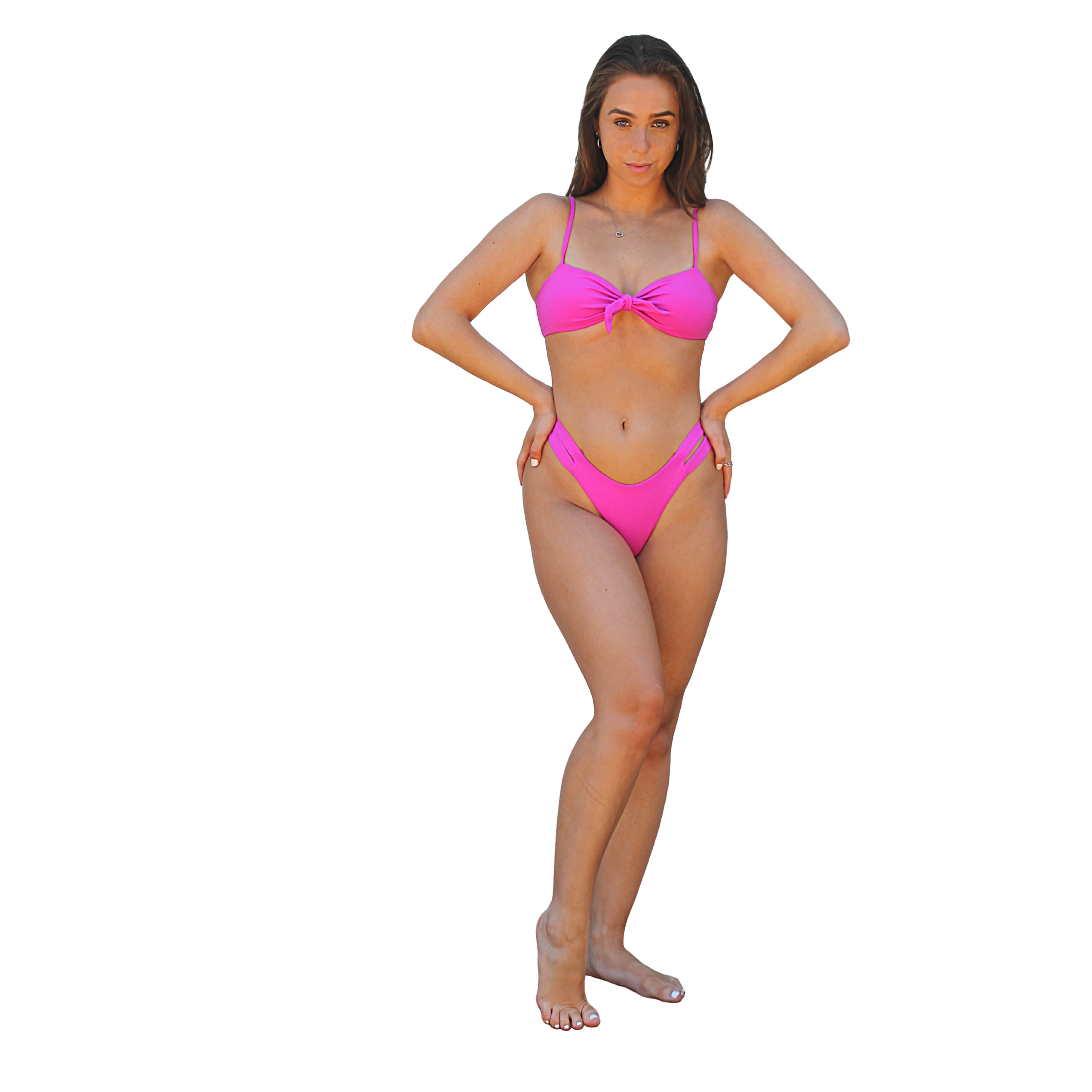 Emília Bikini Bottom in hot pink, showcasing luxurious Brazilian Lycra and wide double banded sides.