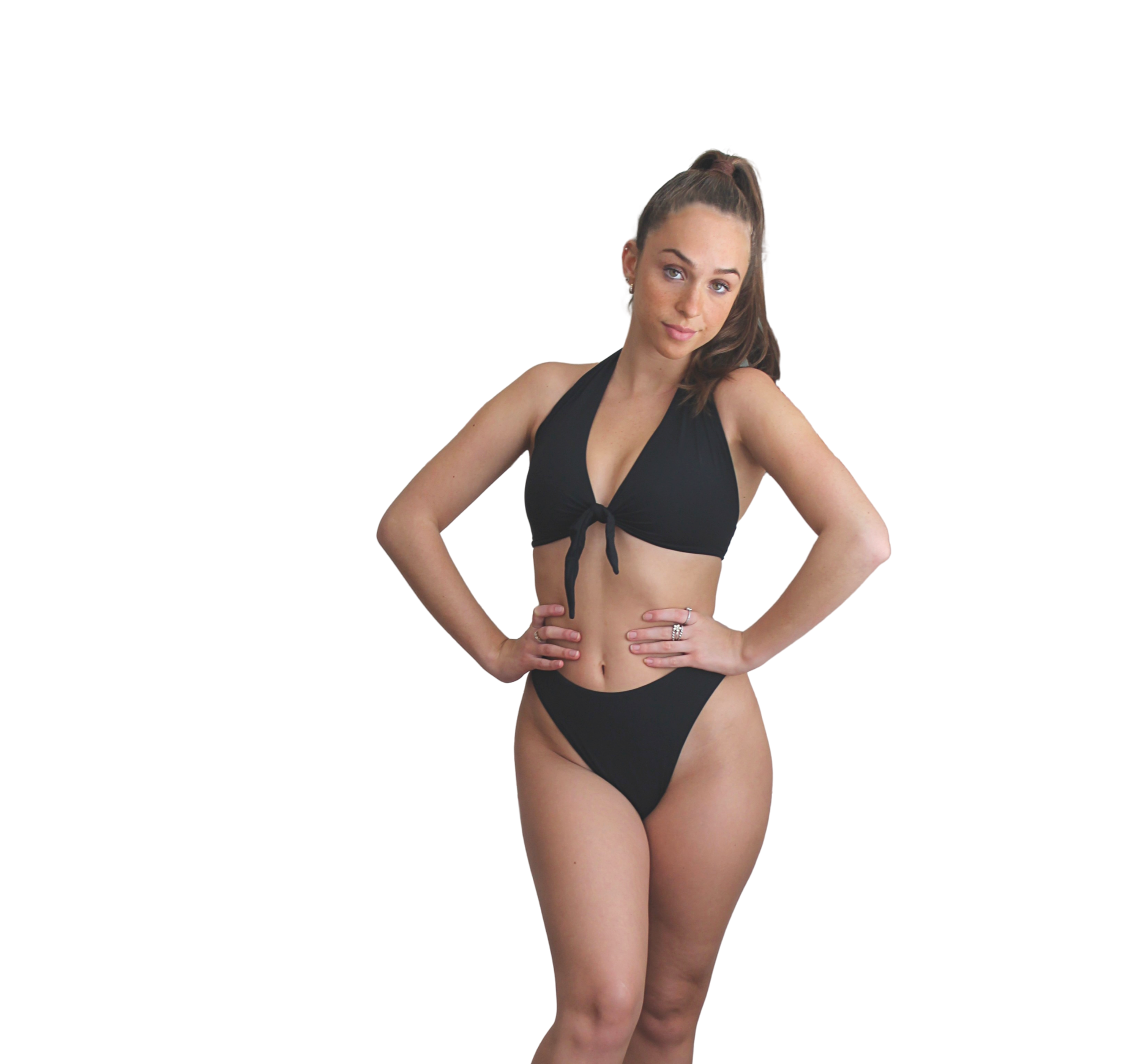 Ipanema Bikini Top in Black featuring a halter design and adjustable front tie, made from luxurious Brazilian Lycra.