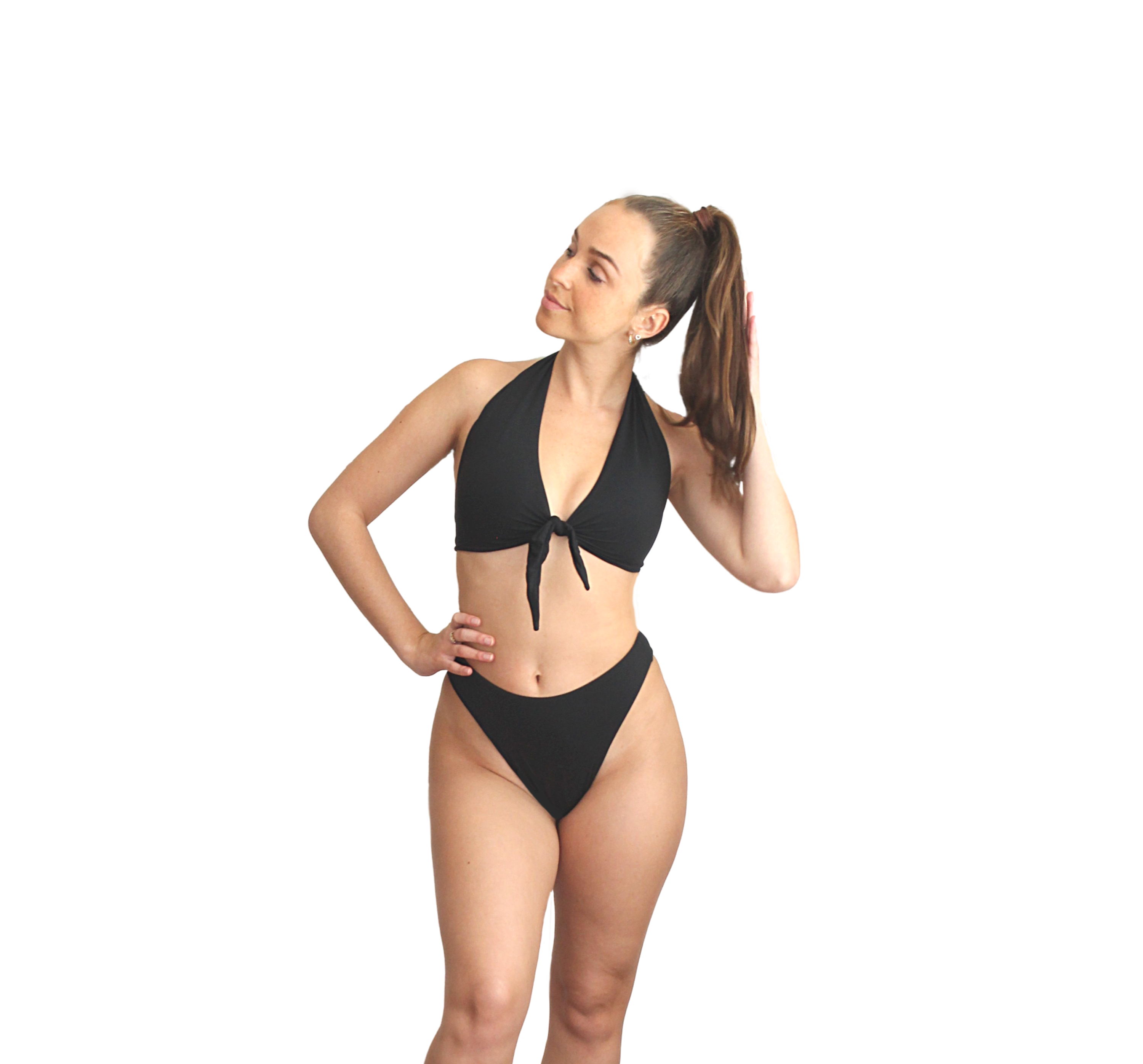 Ipanema Bikini Top in Black featuring a halter design and adjustable front tie, made from luxurious Brazilian Lycra.