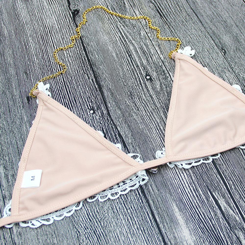 Nude lace-trimmed bikini top