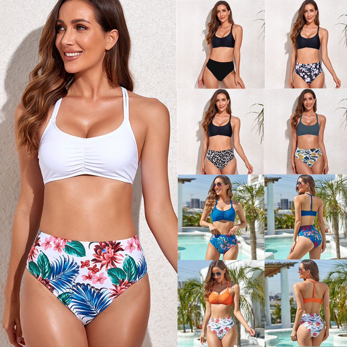 New Women's Pleated Bikini Swimsuit featuring a sexy high waist and split design, perfect for beach outings.