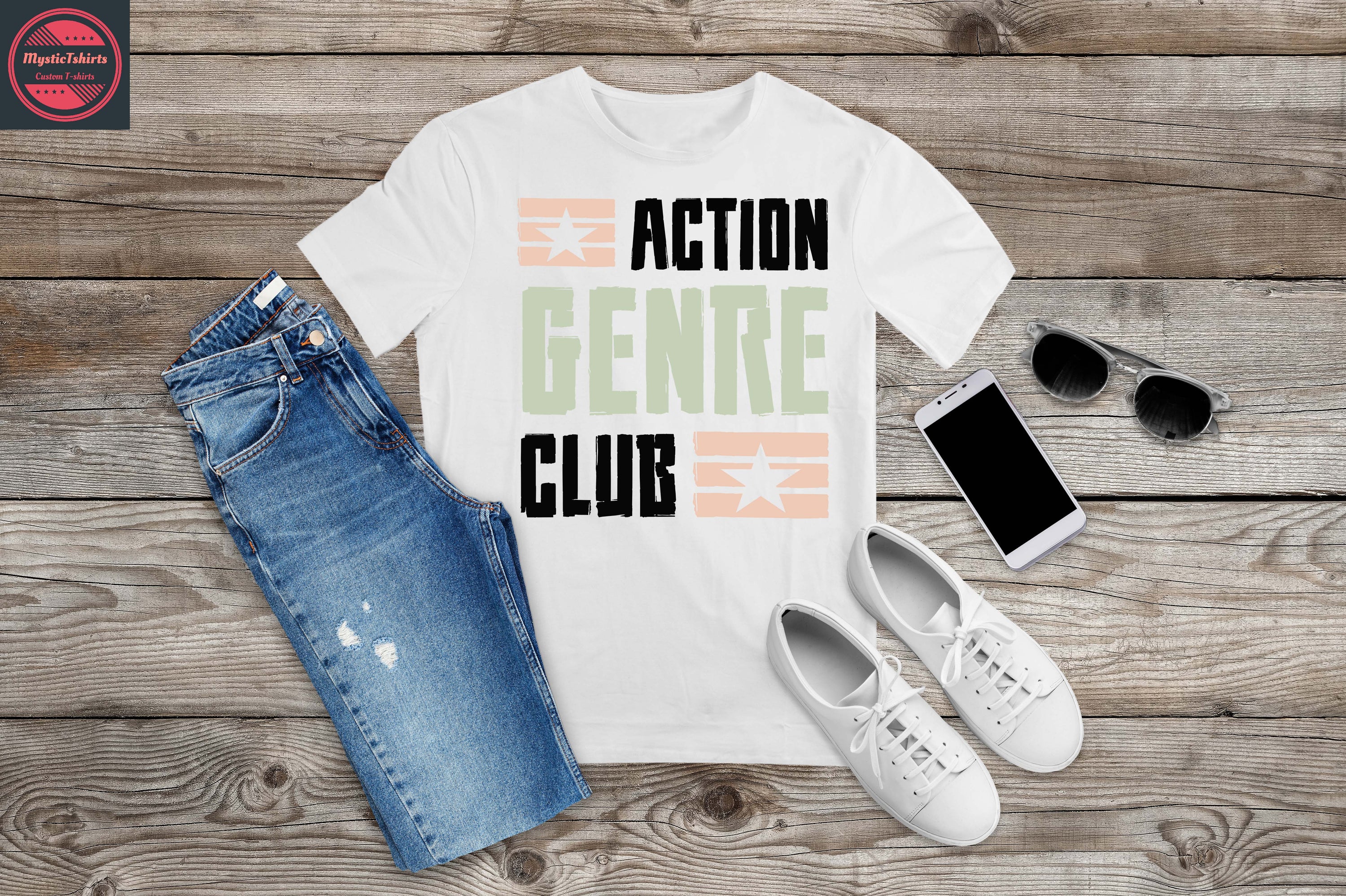 Custom made Action Genre Club T-shirt featuring vibrant design and high-quality fabric, perfect for any occasion.