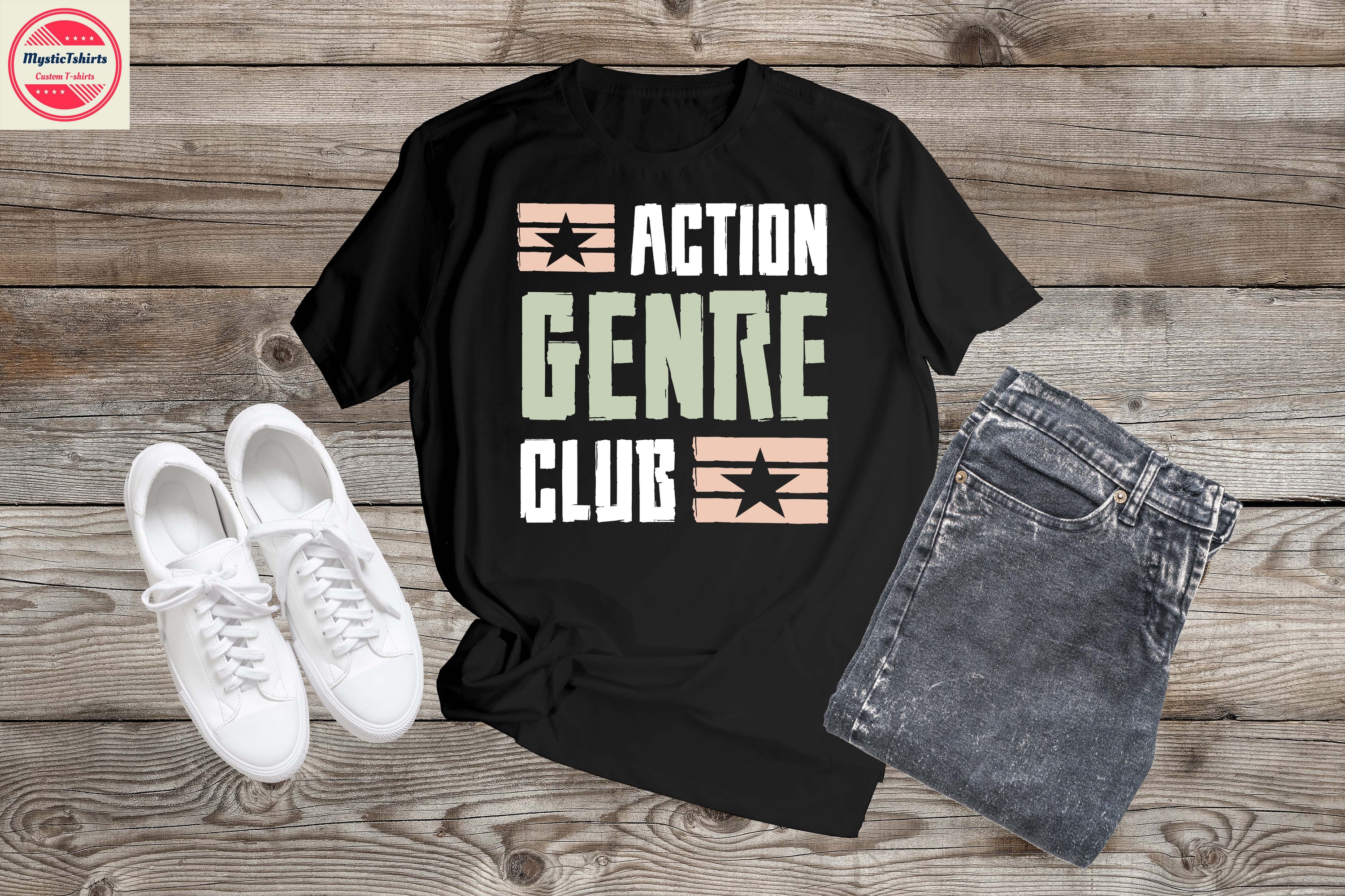 Custom made Action Genre Club T-shirt featuring vibrant design and high-quality fabric, perfect for any occasion.