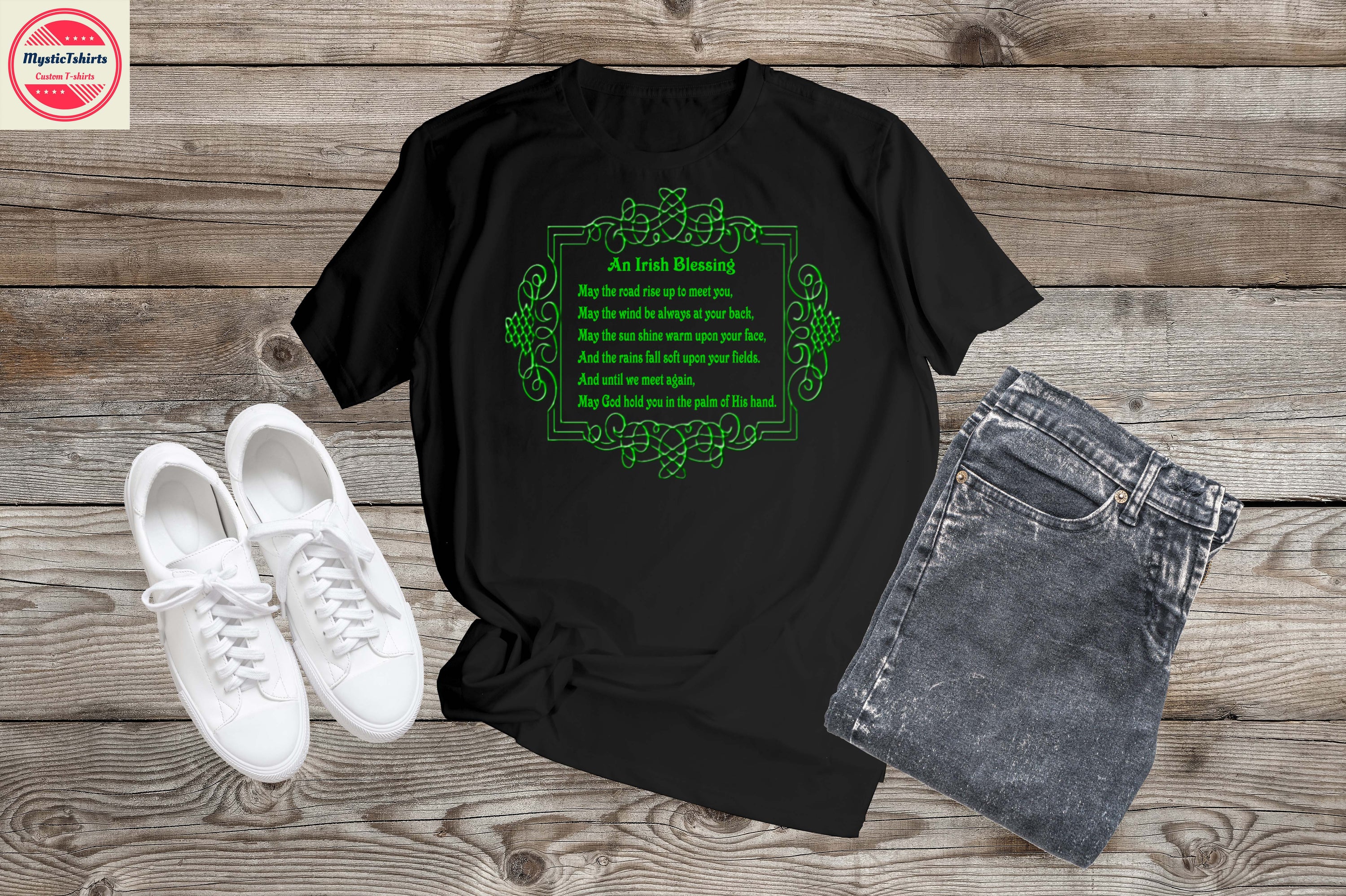 Custom made Irish blessing shirt featuring personalized text and eco-friendly printing, perfect for any occasion.