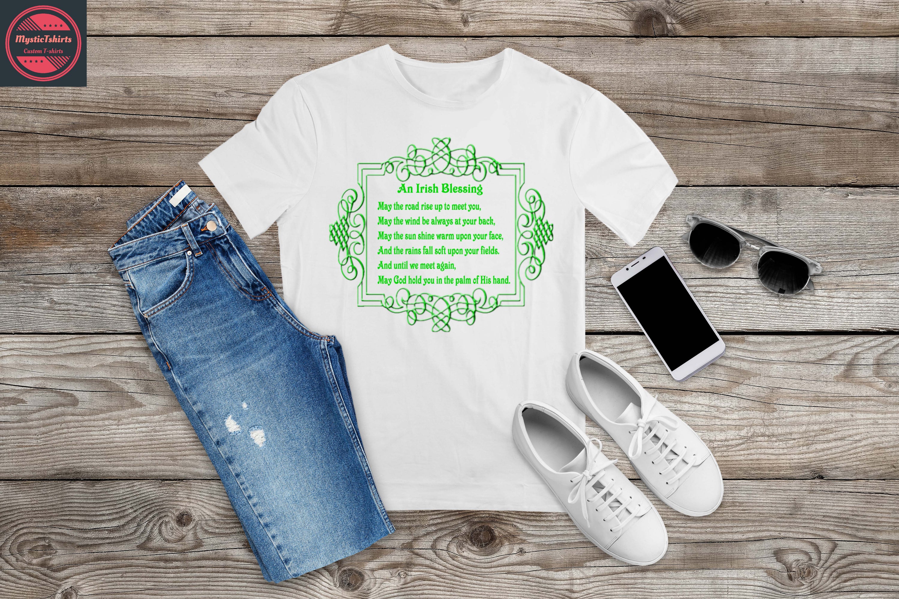 Custom made Irish blessing shirt featuring personalized text and eco-friendly printing, perfect for any occasion.