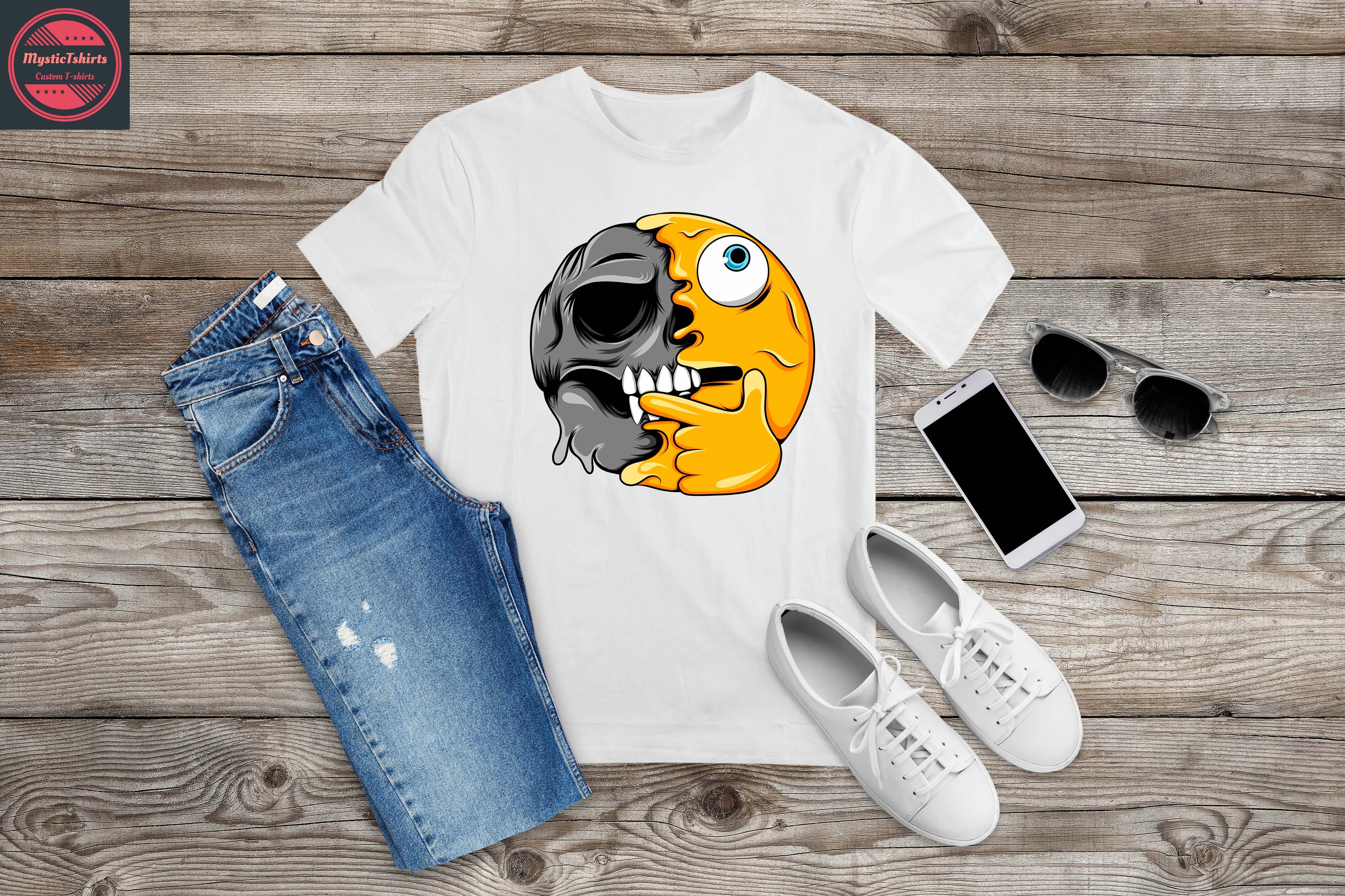 A vibrant personalized T-shirt featuring a CRAZY FACE design with custom text, showcasing high-quality fabric and eco-friendly printing.