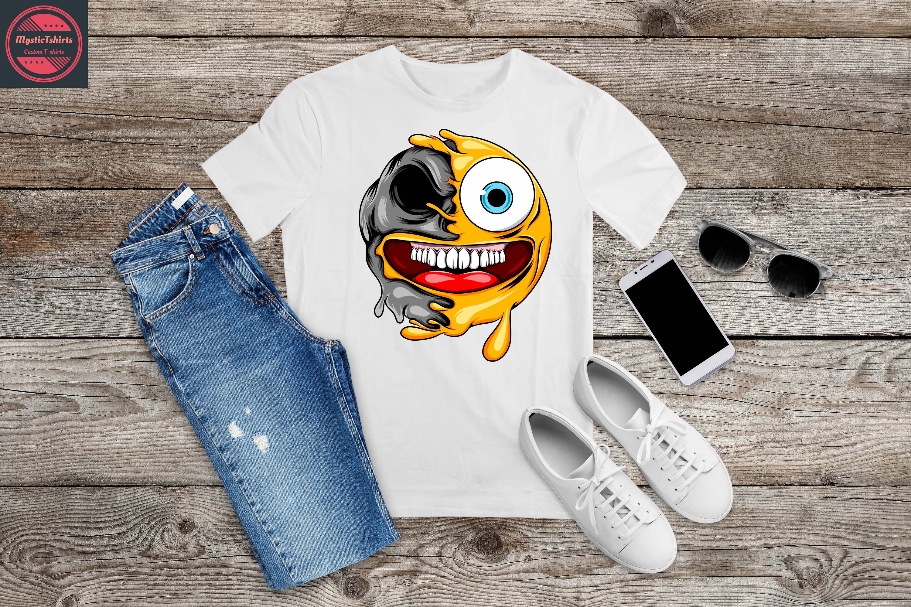 A vibrant personalized T-Shirt featuring a CRAZY FACE design with custom text, showcasing high-quality fabric and eco-friendly printing.