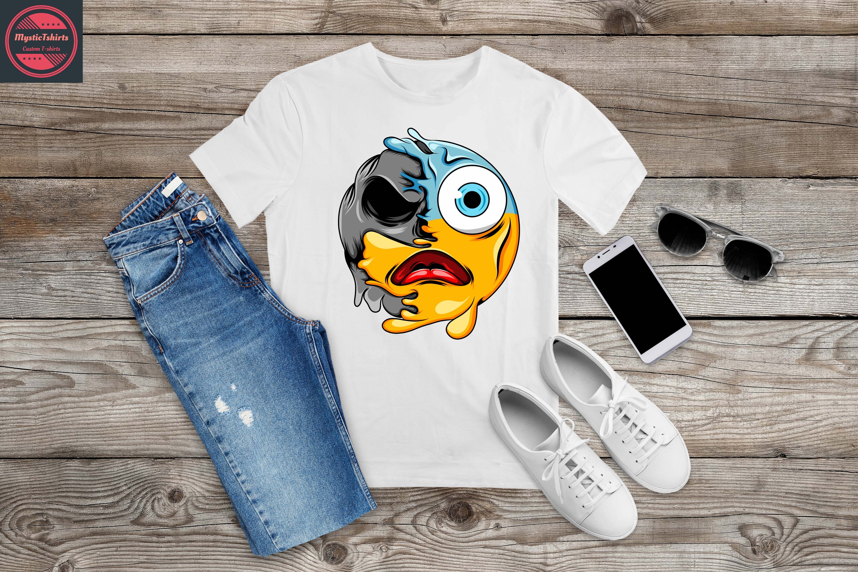 A vibrant personalized T-Shirt featuring a CRAZY FACE design with custom text, showcasing high-quality fabric and eco-friendly printing.