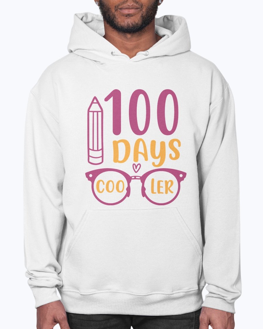 A stylish unisex hoodie featuring the text '100 Days Cooler - School', designed for comfort and casual wear.