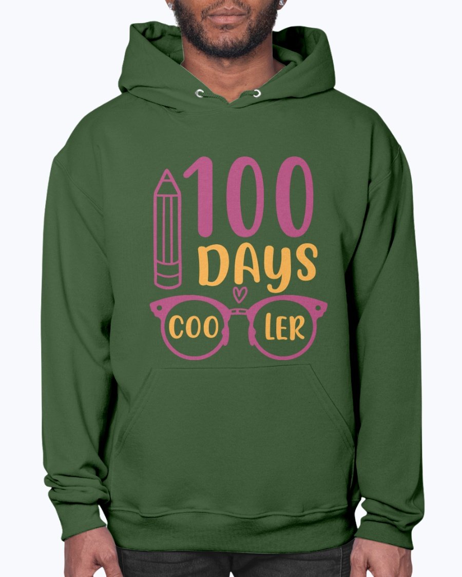 A stylish unisex hoodie featuring the text '100 Days Cooler - School', designed for comfort and casual wear.