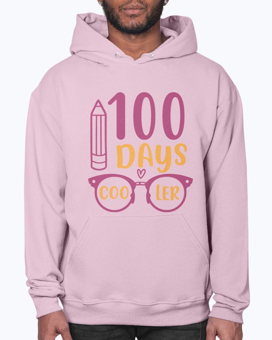 A stylish unisex hoodie featuring the text '100 Days Cooler - School', designed for comfort and casual wear.