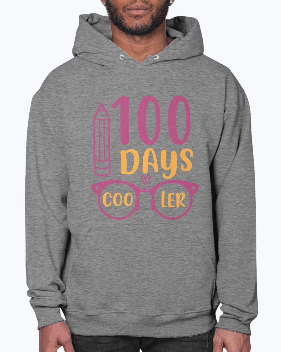 A stylish unisex hoodie featuring the text '100 Days Cooler - School', designed for comfort and casual wear.