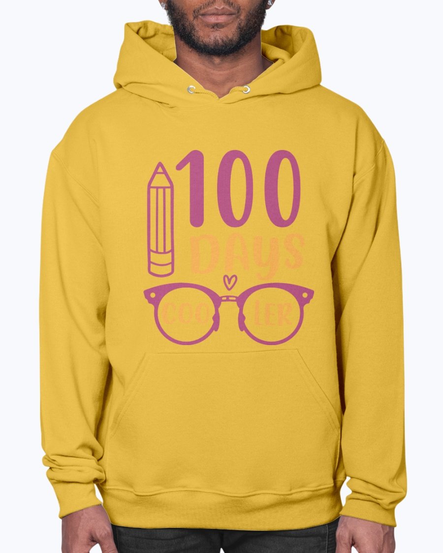 A stylish unisex hoodie featuring the text '100 Days Cooler - School', designed for comfort and casual wear.