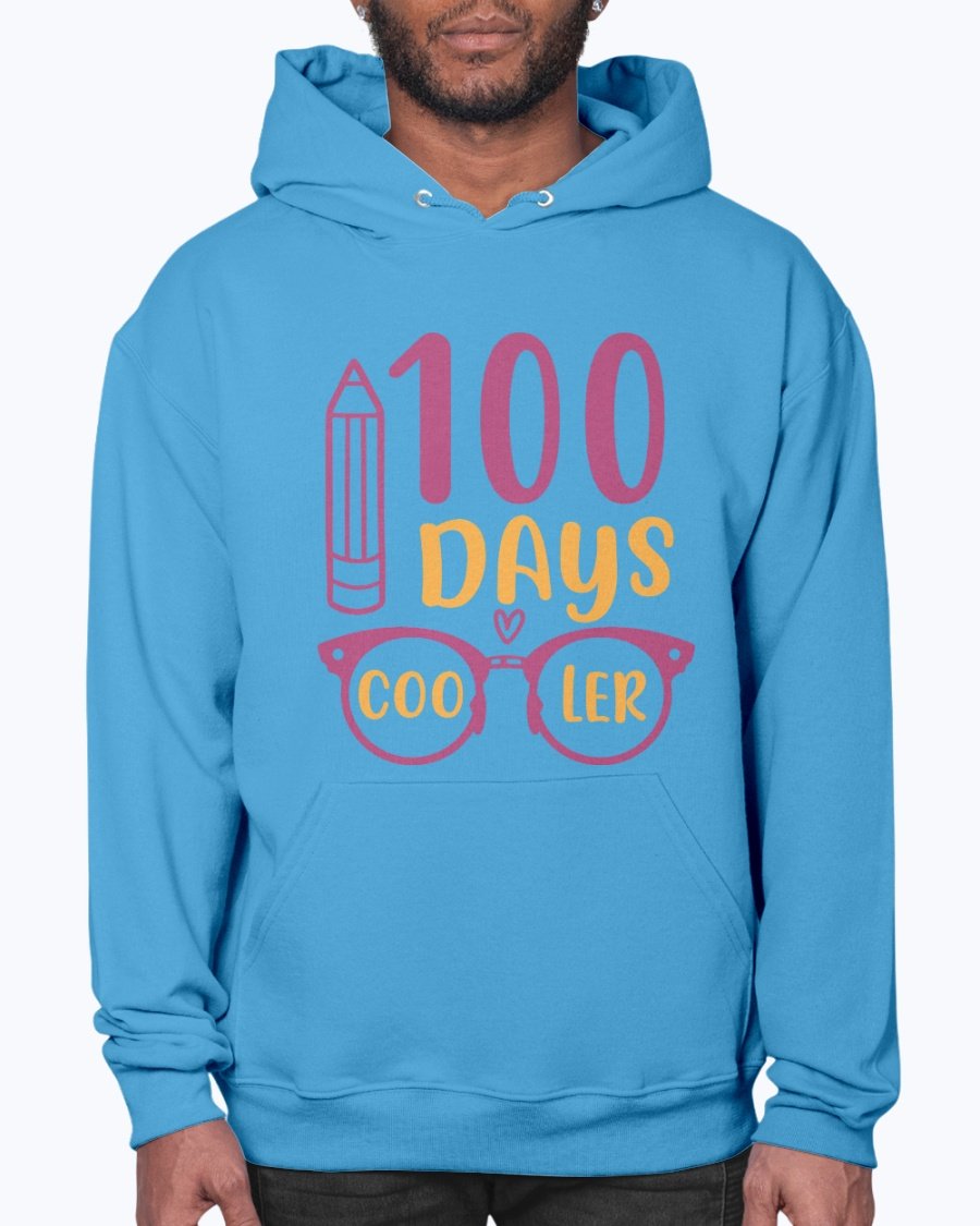 A stylish unisex hoodie featuring the text '100 Days Cooler - School', designed for comfort and casual wear.