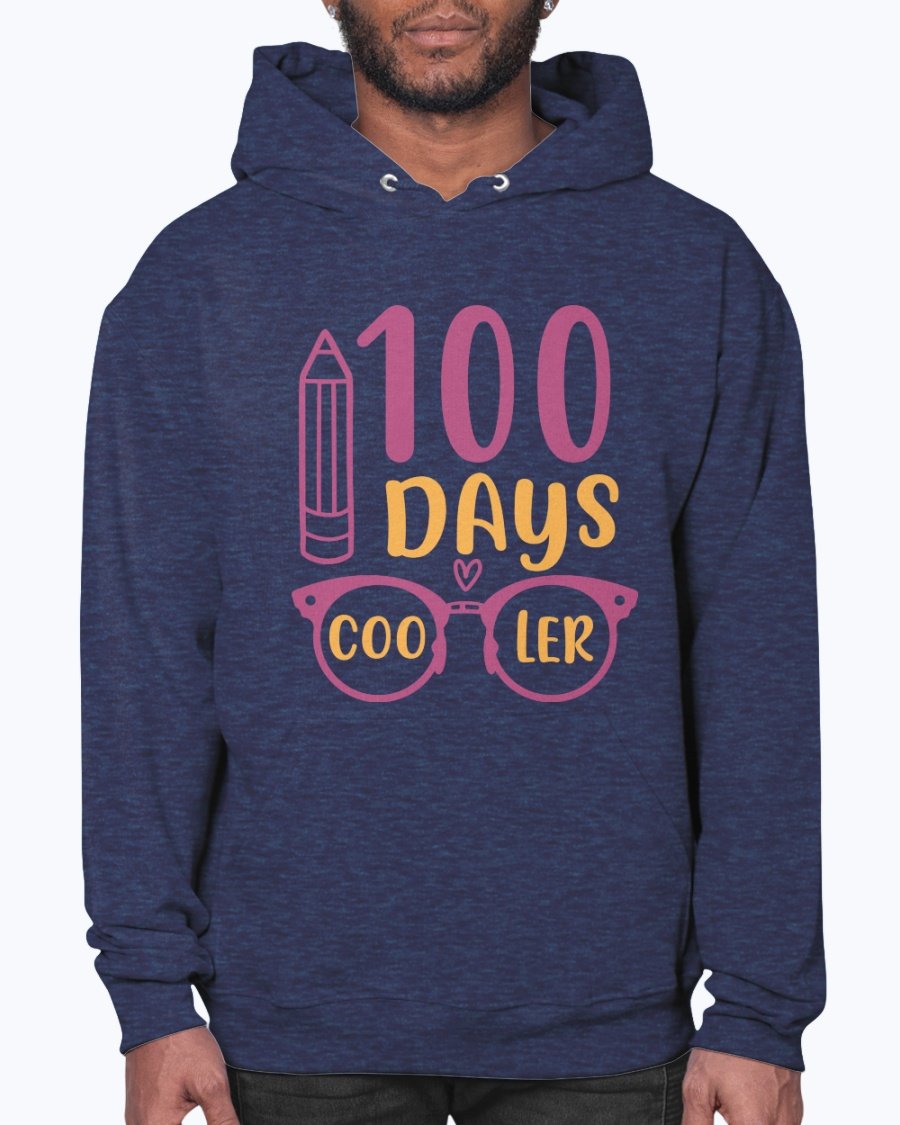 A stylish unisex hoodie featuring the text '100 Days Cooler - School', designed for comfort and casual wear.