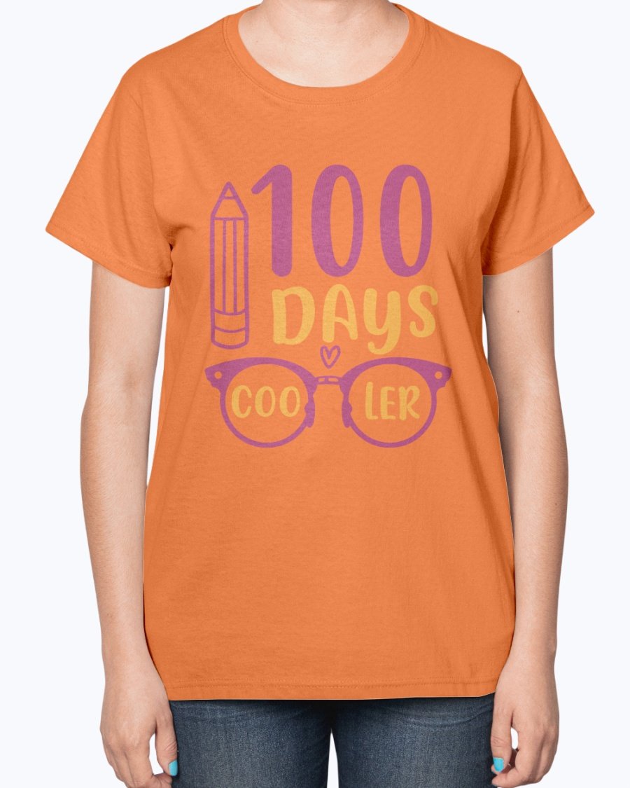 A stylish 100 Days Cooler Ladies T-Shirt in a soft cotton blend, featuring a contoured fit and classic feminine design, perfect for school wear.