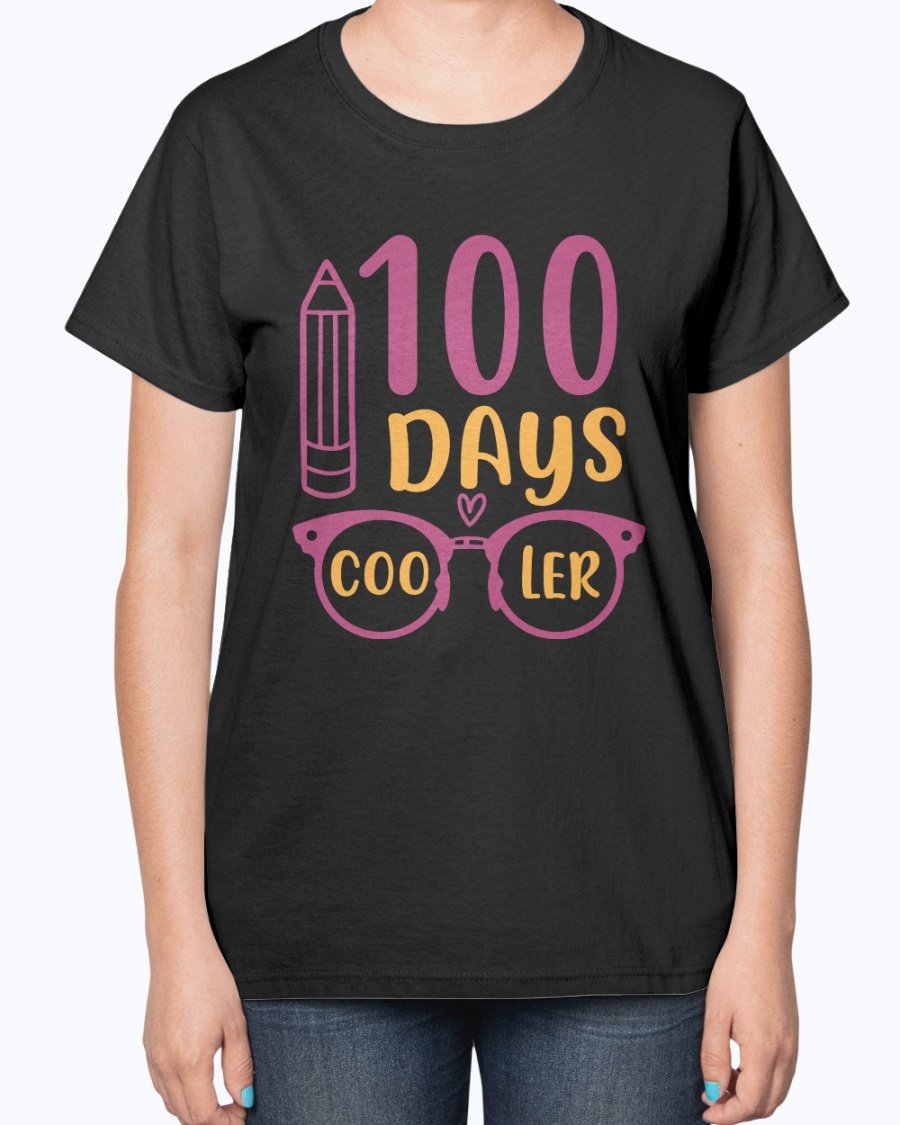 A stylish 100 Days Cooler Ladies T-Shirt in a soft cotton blend, featuring a contoured fit and classic feminine design, perfect for school wear.