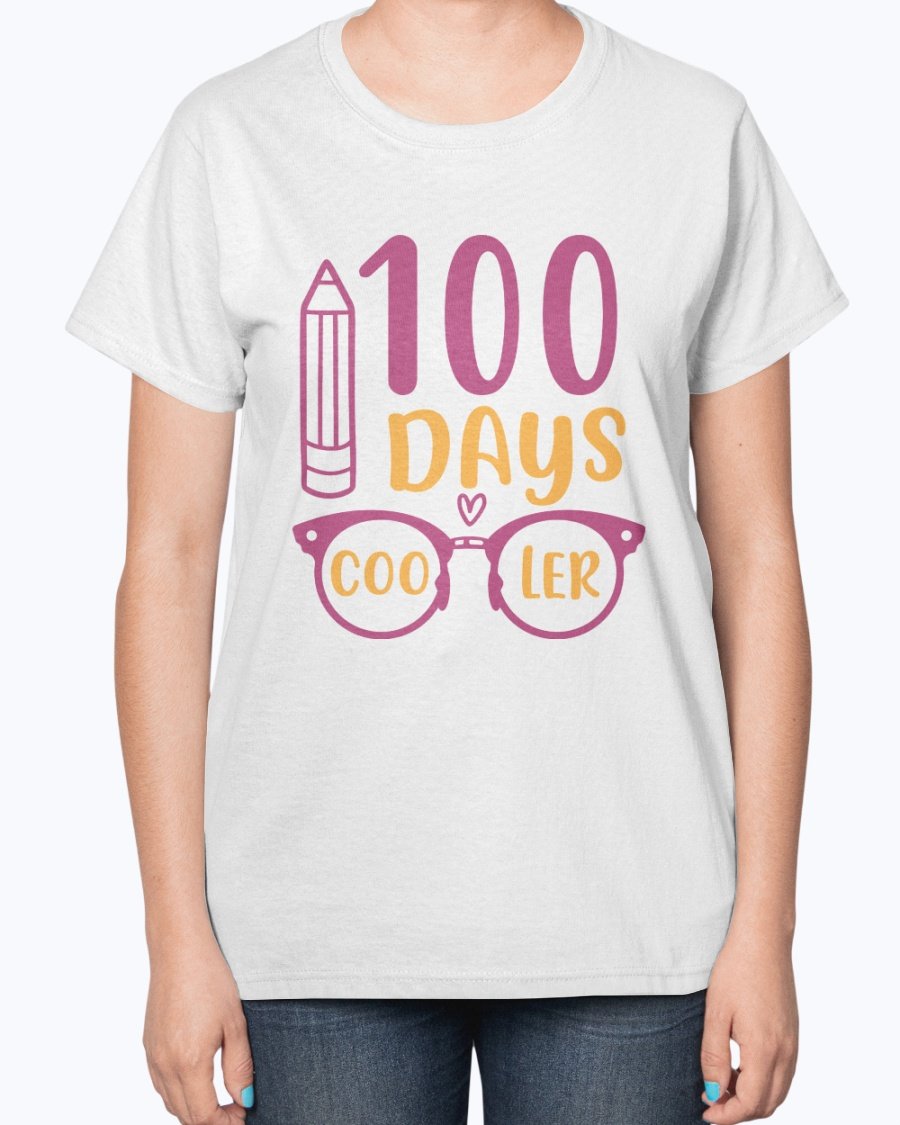 A stylish 100 Days Cooler Ladies T-Shirt in a soft cotton blend, featuring a contoured fit and classic feminine design, perfect for school wear.