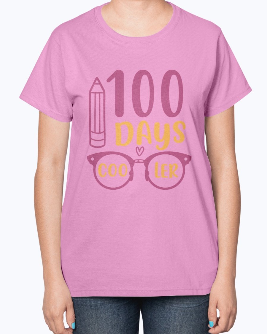 A stylish 100 Days Cooler Ladies T-Shirt in a soft cotton blend, featuring a contoured fit and classic feminine design, perfect for school wear.