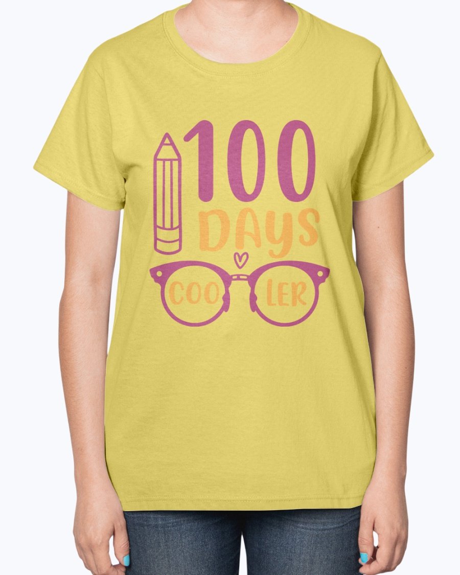 A stylish 100 Days Cooler Ladies T-Shirt in a soft cotton blend, featuring a contoured fit and classic feminine design, perfect for school wear.