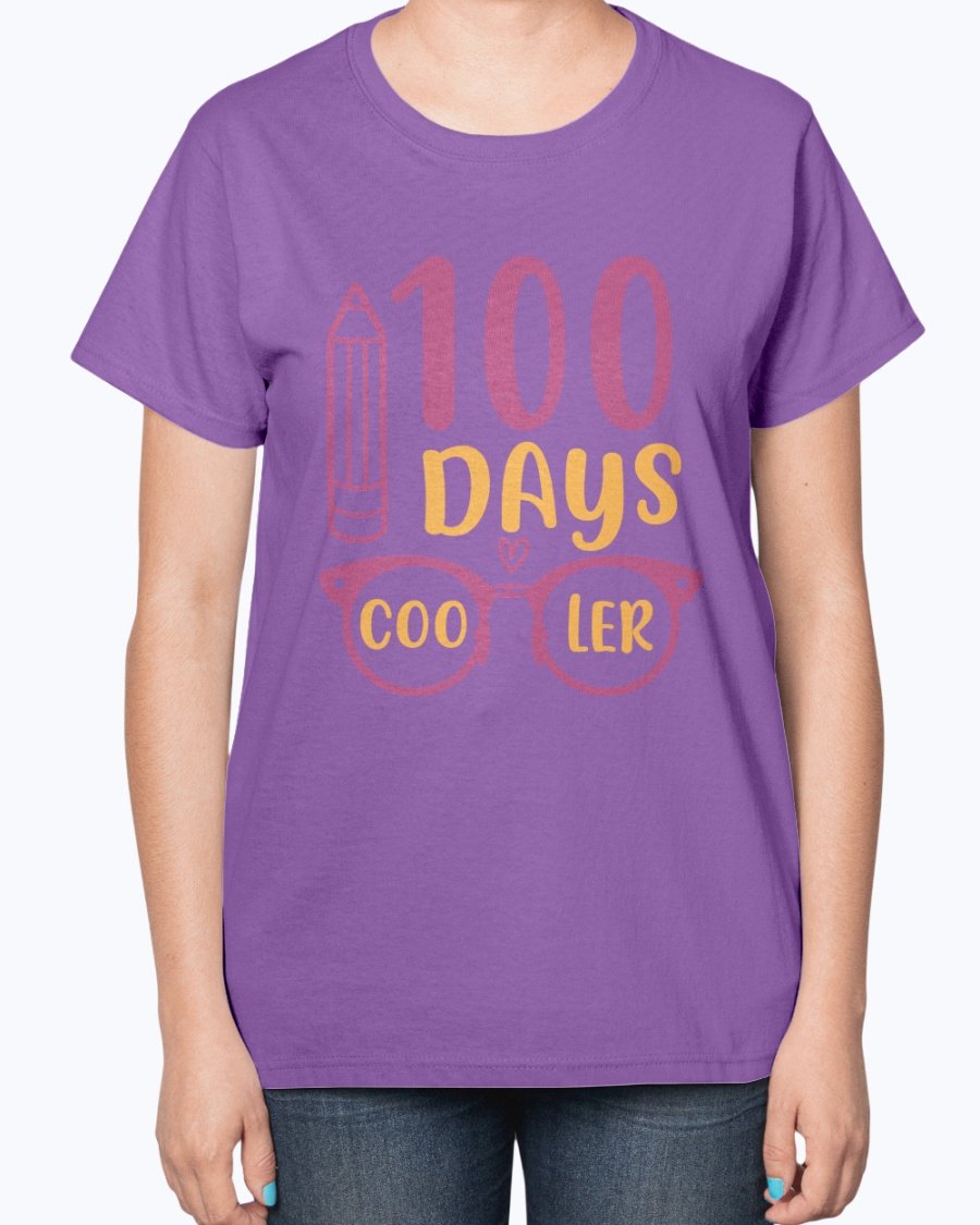 A stylish 100 Days Cooler Ladies T-Shirt in a soft cotton blend, featuring a contoured fit and classic feminine design, perfect for school wear.