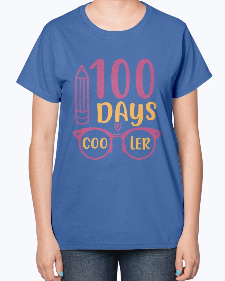 A stylish 100 Days Cooler Ladies T-Shirt in a soft cotton blend, featuring a contoured fit and classic feminine design, perfect for school wear.