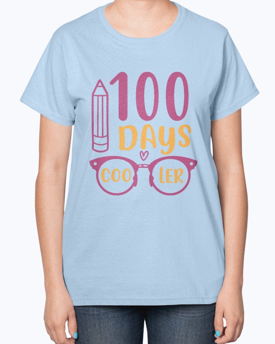 A stylish 100 Days Cooler Ladies T-Shirt in a soft cotton blend, featuring a contoured fit and classic feminine design, perfect for school wear.