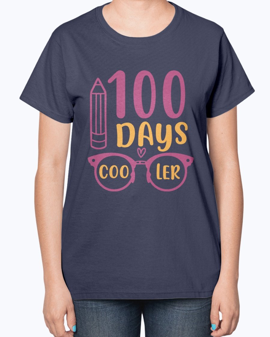 A stylish 100 Days Cooler Ladies T-Shirt in a soft cotton blend, featuring a contoured fit and classic feminine design, perfect for school wear.