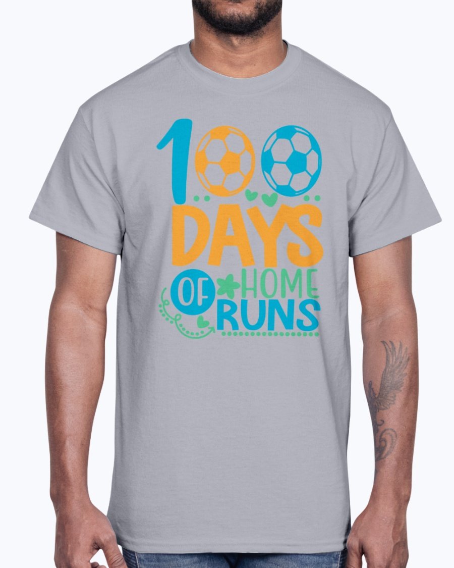 100 Days Of Home Runs Cotton Tee in various colors, showcasing its unisex design and comfortable fit.