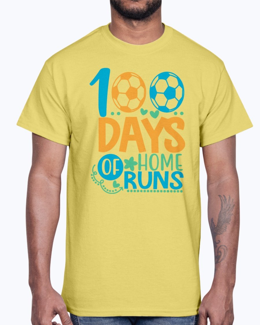 100 Days Of Home Runs Cotton Tee in various colors, showcasing its unisex design and comfortable fit.