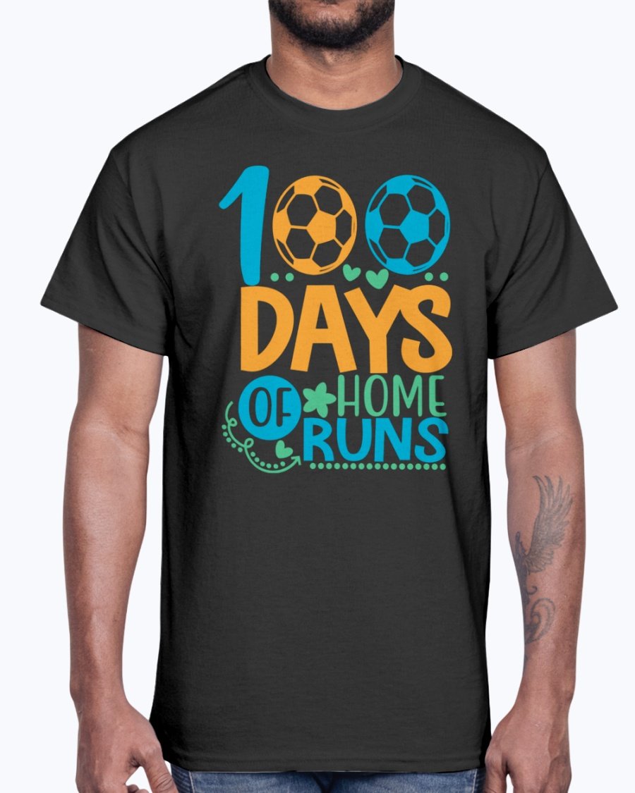 100 Days Of Home Runs Cotton Tee in various colors, showcasing its unisex design and comfortable fit.