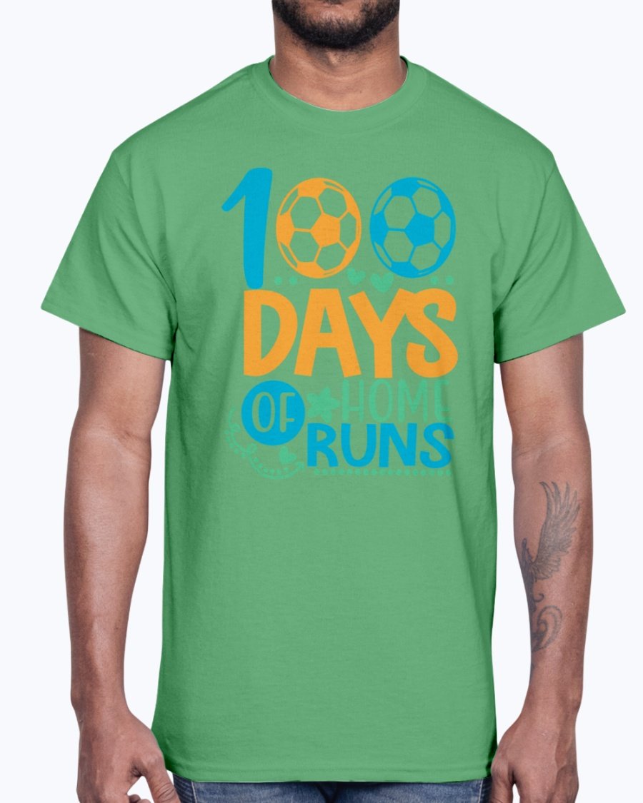 100 Days Of Home Runs Cotton Tee in various colors, showcasing its unisex design and comfortable fit.